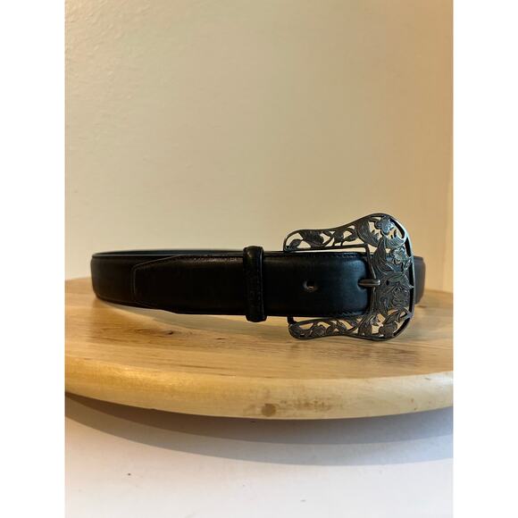 Banana Republic USA Black Genuine Leather Silver Floral Buckle Belt Size Medium main image 11